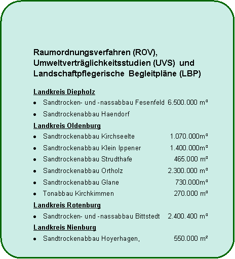 Abgerundetes Rechteck: Raumordnungsverfahren (ROV), Umweltvertrglichkeitsstudien (UVS)  und  Landschaftpflegerische  Begleitplne (LBP) Landkreis DiepholzSandtrocken- und -nassabbau Fesenfeld 	6.500.000 mSandtrockenabbau Haendorf	Landkreis OldenburgSandtrockenabbau Kirchseelte	1.070.000mSandtrockenabbau Klein Ippener	1.400.000mSandtrockenabbau Strudthafe	465.000 mSandtrockenabbau Ortholz	2.300.000 mSandtrockenabbau Glane	730.000mTonabbau Kirchkimmen	270.000 mLandkreis RotenburgSandtrocken- und -nassabbau Bittstedt	2.400.400 mLandkreis NienburgSandtrockenabbau Hoyerhagen,	550.000 m